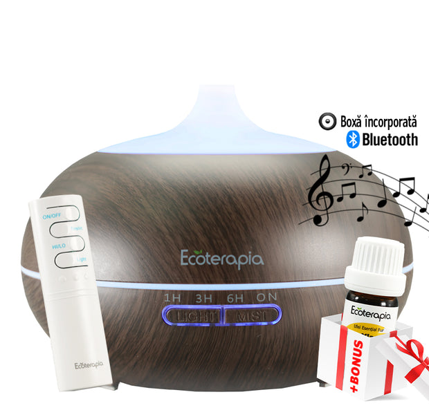 Difuzor aromaterapie Bluetooth Aroma Vulcano & Music, 550 ml, telecomanda+Ulei esential Pin Silvestru,10 ml