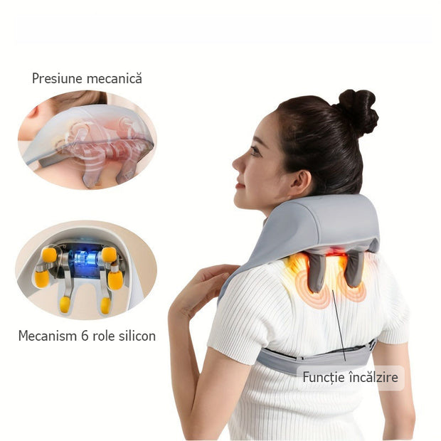 Aparat de Masaj Shiatsu Premium cu Role și Încălzire - Relaxare pentru Gât, Umeri, Cervicală și Zona Lombară