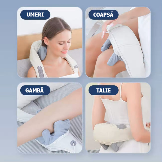 Aparat de Masaj Shiatsu Premium cu Role și Încălzire - Relaxare pentru Gât, Umeri, Cervicală și Zona Lombară