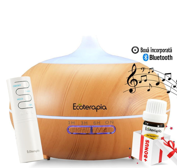 Difuzor aromaterapie Bluetooth Aroma Vulcano & Music, 550 ml, telecomanda+Ulei esențial pur Pin Silvestru, 10ml