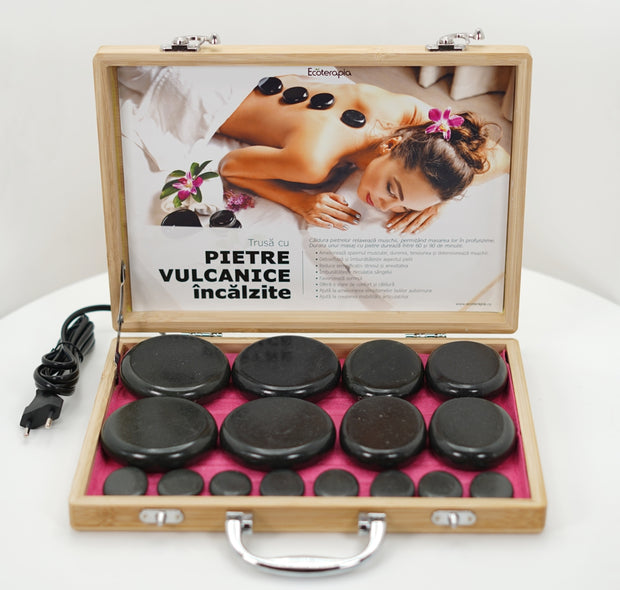Set 16 Pietre Vulcanice cu Valiză de Bambus Încălzită