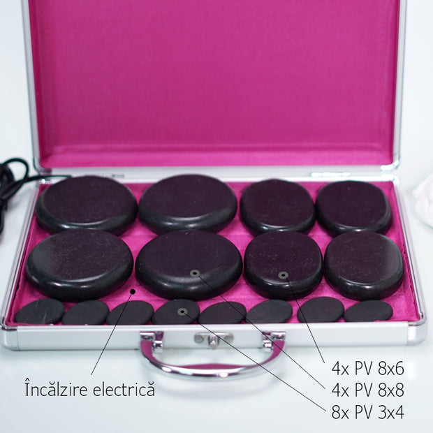 Set 16 Pietre Vulcanice, valiza aluminiu incalzita + uleiuri esentiale