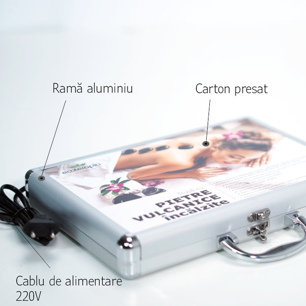 Set 16 Pietre Vulcanice, valiza aluminiu incalzita + uleiuri esentiale