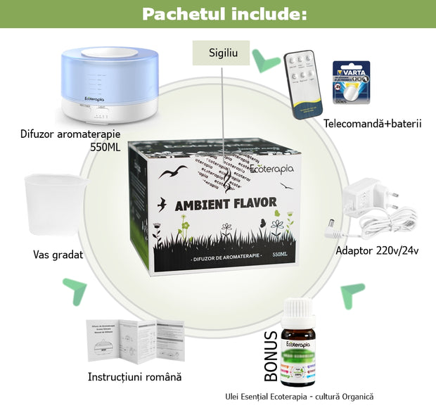 Difuzor de aromaterapie Ambient Flavor, 500 ml, telecomanda+Ulei esential Eucalipt Globulus, 5 ml