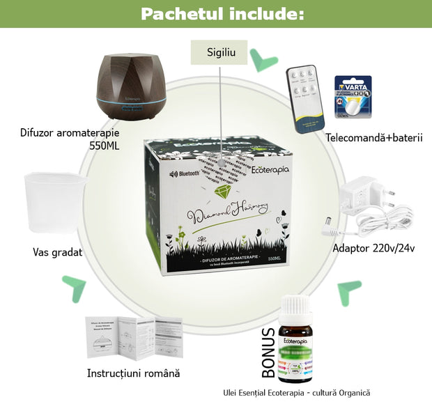Difuzor aromaterapie Diamond Harmony, boxa incorporata, telecomanda, 550ML, resigilat
