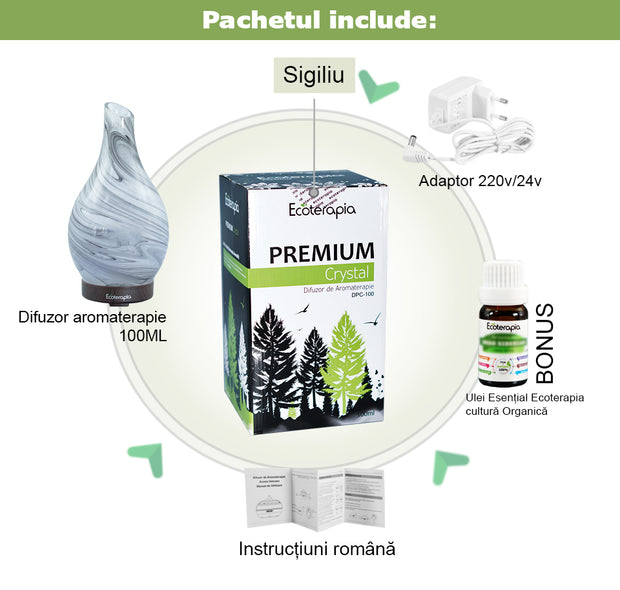 Difuzor aromaterapie Premium Crystal, functie intermitent+Ulei esențial pur Pin Silvestru, 10ml